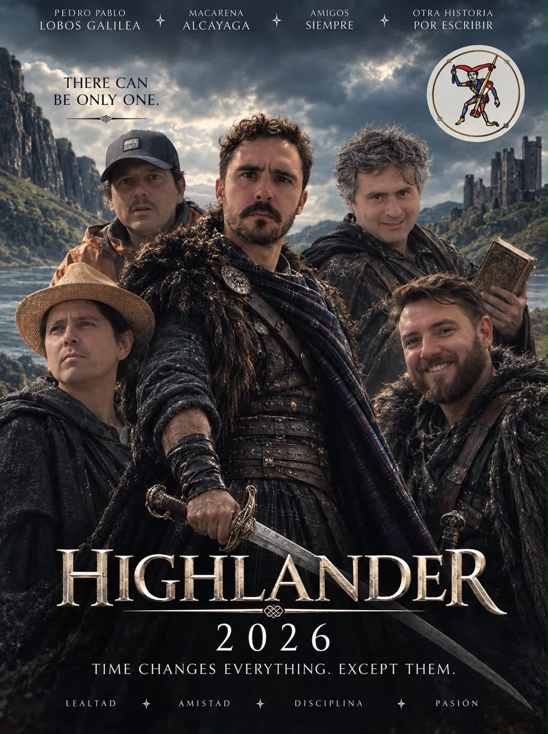 Afiche del torneo HighLander 2026: cinco jugadores con ropa de las Highlands frente a un castillo y un lago, bajo el lema «There can be only one».